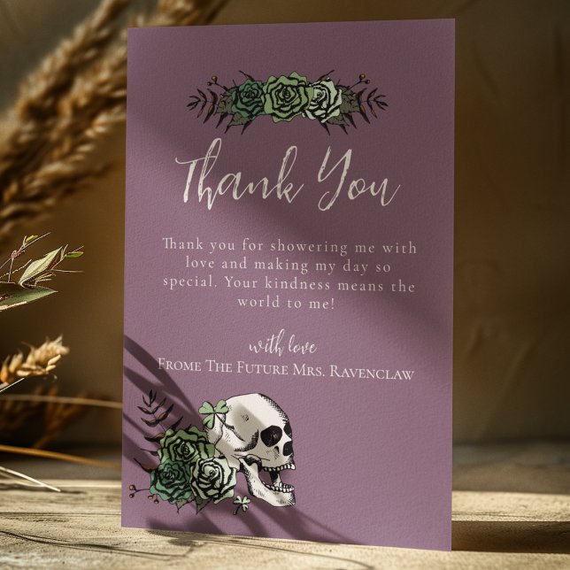 Lila Blumenschädel Rose Gotisches Brautparty Dankeskarte (Purple Irish Gothic Thank You Card for Bridal Shower or St. Patrick's Day. Hand Drawn Skull & Roses)
