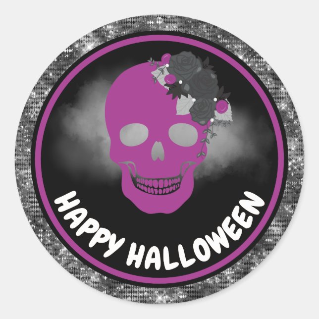Lila Blumenschädel und Schwarzer Glitzer Halloween Runder Aufkleber (Vorderseite)