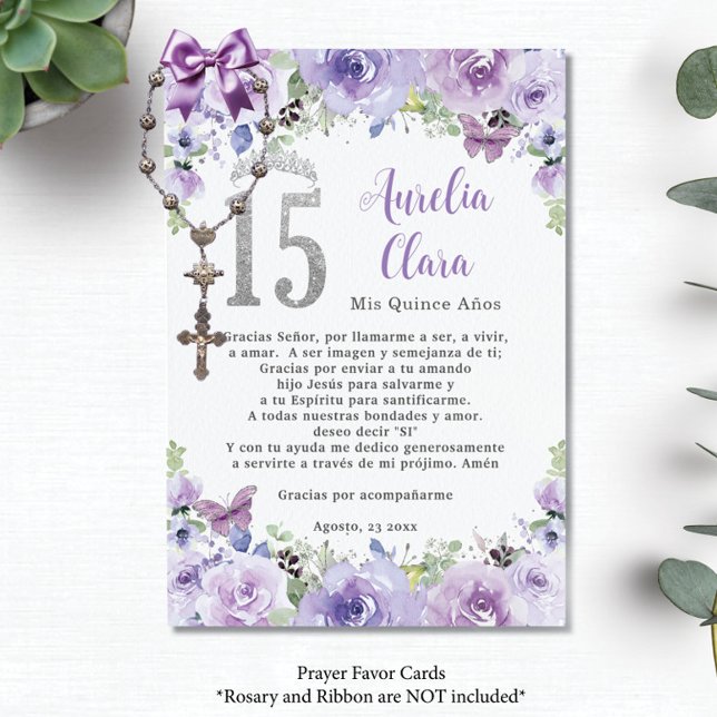 Lila Blumenschmetterlinge Quinceañera Gebetskarte Begleitkarte (Von Creator hochgeladen)