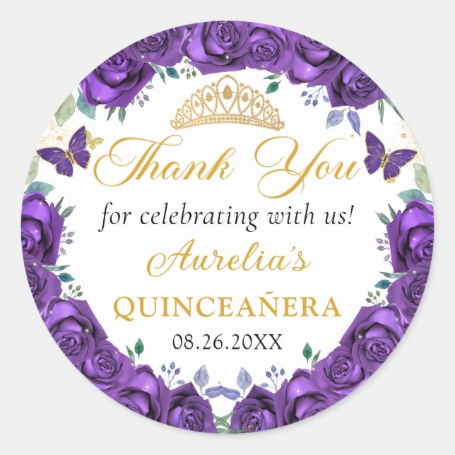 Lila Blumenschmetterlinge Quinceñera Prinzessin Runder Aufkleber (Vorderseite)