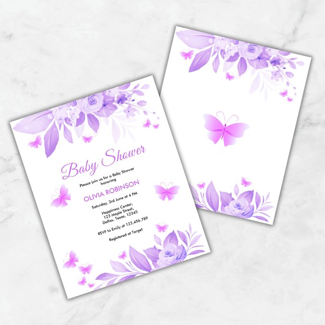 Lila Blumenschmetterlingsdusche einladen (Budget Purple Floral Baby Girl Butterfly Baby Shower Invitation )