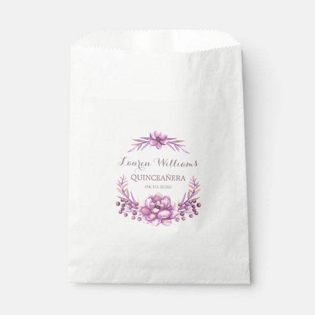 Lila Blumenschreath Quinceanera Gefälligkeitsflagg Geschenktütchen (Vorderseite)