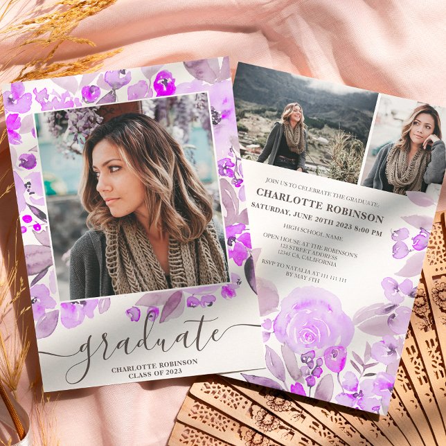 Lila Blumenschrift 3 Fotos Abschluss Einladung (Von Creator hochgeladen)