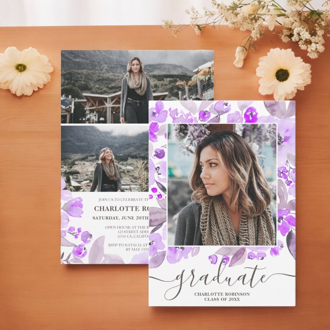 Lila Blumenschrift Foto Abschluss Einladung (Purple floral greenery script photo graduation invitation)