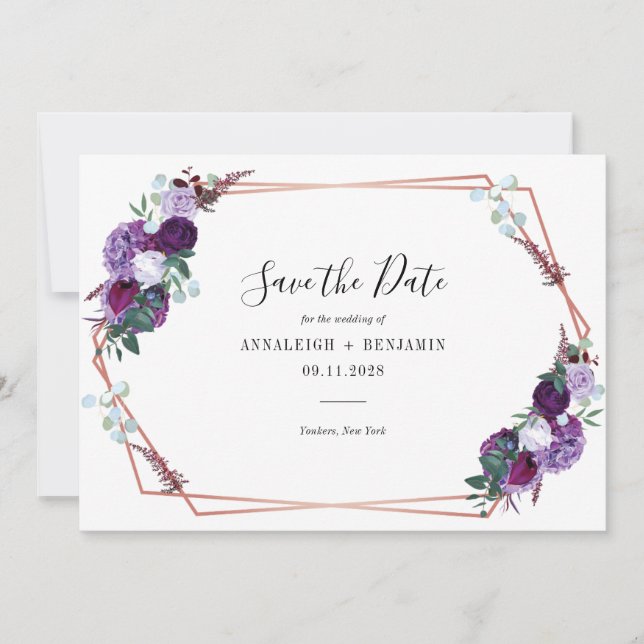 Lila Blumenschrift Geometric Modern Wedding Save The Date (Vorderseite)