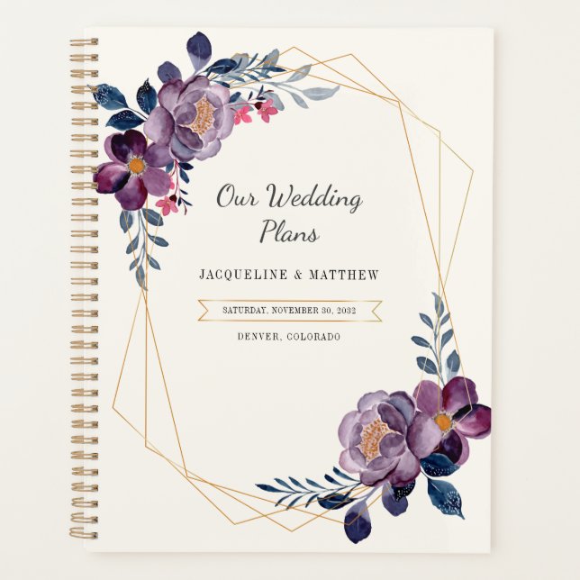 Lila Blumenschrift Geometric Wedding Planer (Vorderseite)