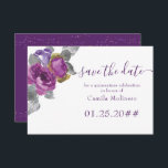 Lila Blumenschrift Quinceanera Save the Date<br><div class="desc">Schönes Lila Save the Date, das Sie für jeden Anlass personalisieren können, mit Bouquets von Aquarell-Rose und Blume. Das Design besticht durch elegante Handschrift und hübsche lila und magentafarbene Blumenarrangements mit graugrünen Blätter und Blattwerk. Save the Date wird in handgeschriebenen Schriften weiblich geschrieben. Bitte stöbern Sie in meiner Sammlung von...</div>
