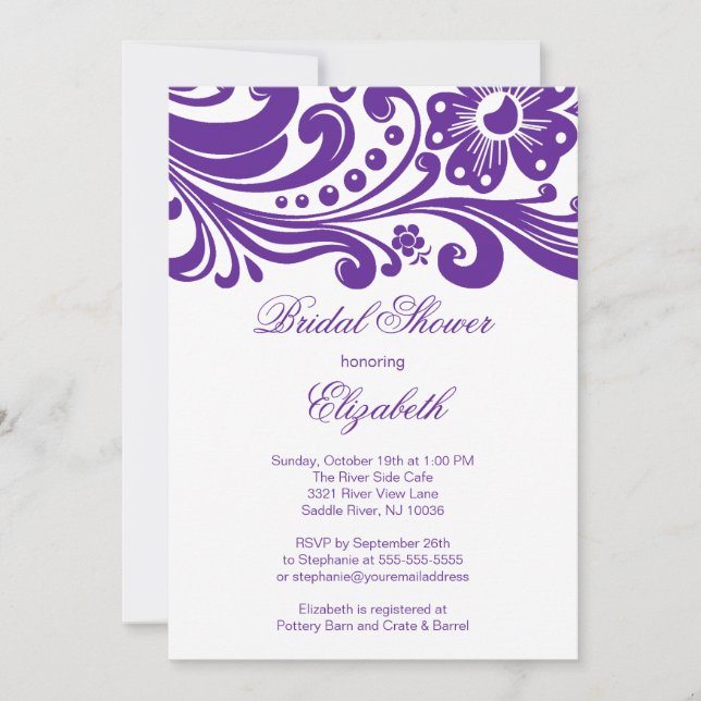 Lila Blumenschwenk Bridal Dusche Einladung (Vorderseite)