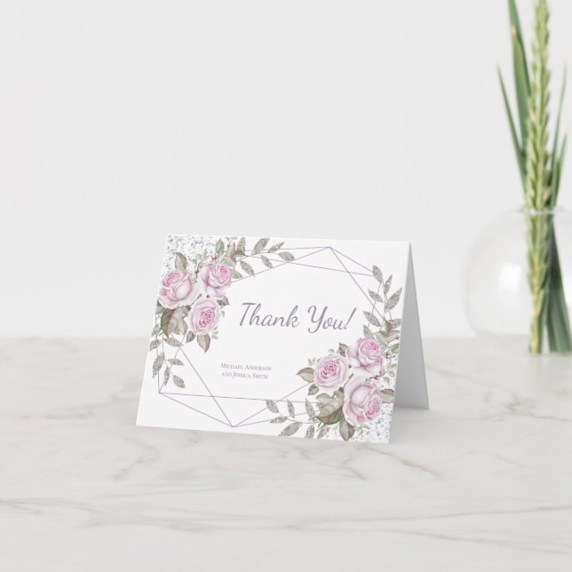 Lila Blumensilber-Glitzer Dankeskarte (Vorderseite)