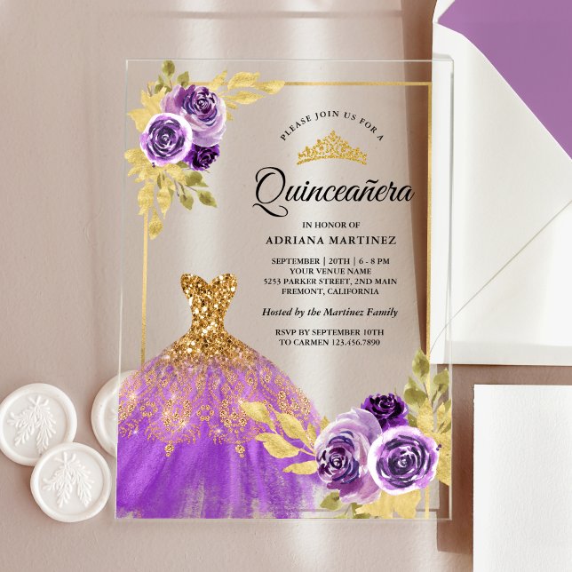 Lila Blumenspärchkleid Gold Quinceanera Acryleinladungen (Von Creator hochgeladen)