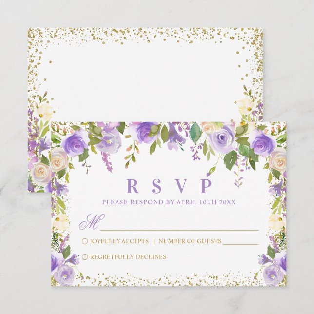 Lila Blumensparkle Gold Glitzer RSVP Karte (Vorne/Hinten)