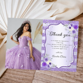 Lila Blumensparkle Quinceanera Foto Dankeskarte