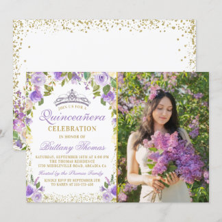Lila BlumenSparkor Gold Quinceanera Foto Einladung