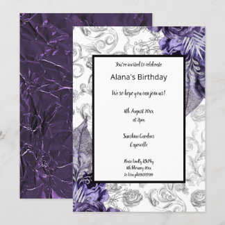 LILA BLUMENSPRING THEME FOIL METALLIC GEBURTSTAG EINLADUNG