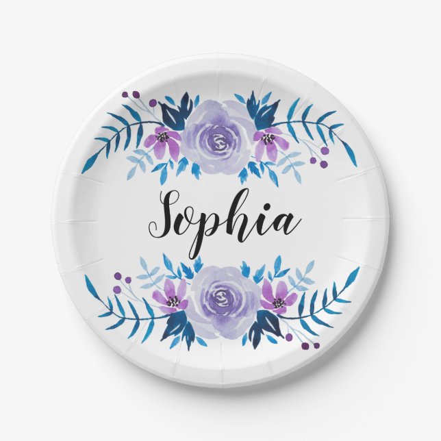 Lila Blumenstrauß mit Wasserfarbe Eigener Text Pappteller (Vorderseite)