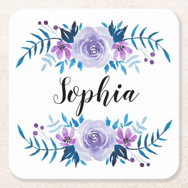 Lila Blumenstrauß mit Wasserfarbe Eigener Text Rechteckiger Pappuntersetzer (Vorderseite)