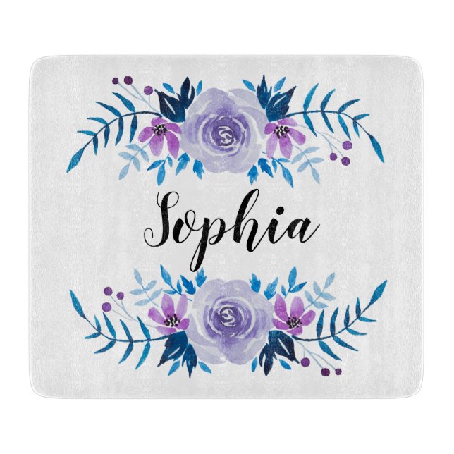 Lila Blumenstrauß mit Wasserfarbe Eigener Text Schneidebrett (Vorderseite)