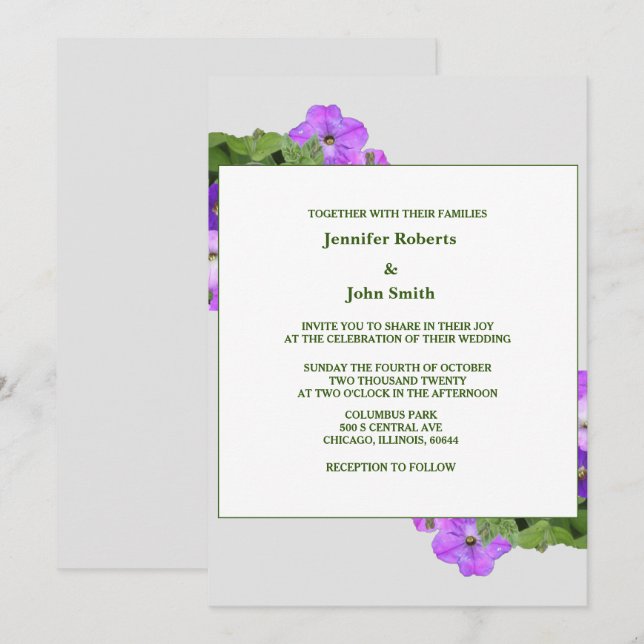 Lila Blumenstube Grüne Violette Grau Coole Hochzei Einladung (Vorne/Hinten)