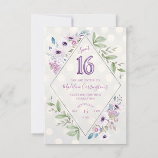 Lila Blumensüß 16 Geburtstag Einladung