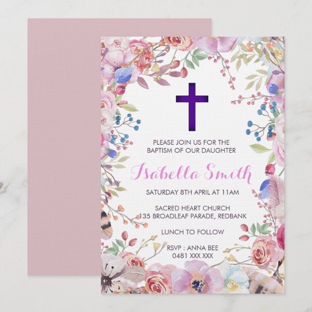 Lila Blumentaufe-/Christening-Einladungs-Mädchen Einladung (Vorne/Hinten)