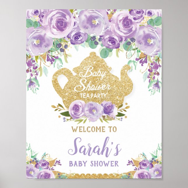Lila Blumentee Party Babydusche Begrüßungszeichen Poster (Vorne)