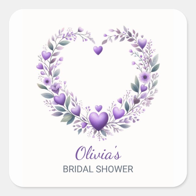 Lila Blumentherz Bridal Dusche Einladung Quadratischer Aufkleber (Vorderseite)