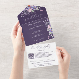 Lila Blumenträume Einfache QR-Hochzeit All In One Einladung