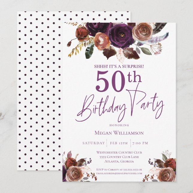 Lila Blumenüberraschung 50. Geburtstagsparty Einladung (Vorne/Hinten)