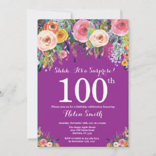 Lila Blumenüberraschung Einladung zum 100. Geburts