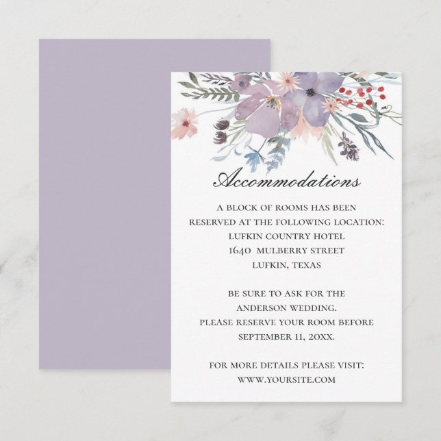Lila Blumenunterkünfte. Angaben zur Hochzeit Begleitkarte (Vorne/Hinten)
