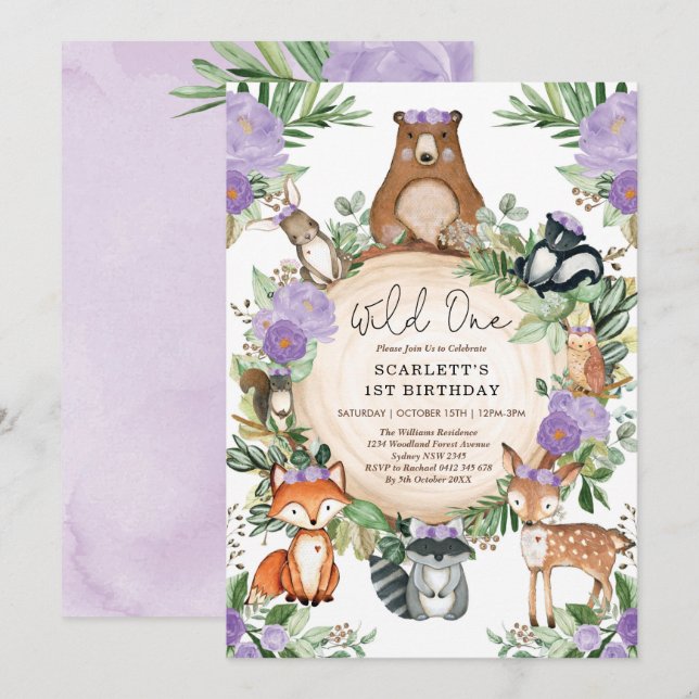 Lila Blumenwald Girl Wild One1st Geburtstag Einladung (Vorne/Hinten)