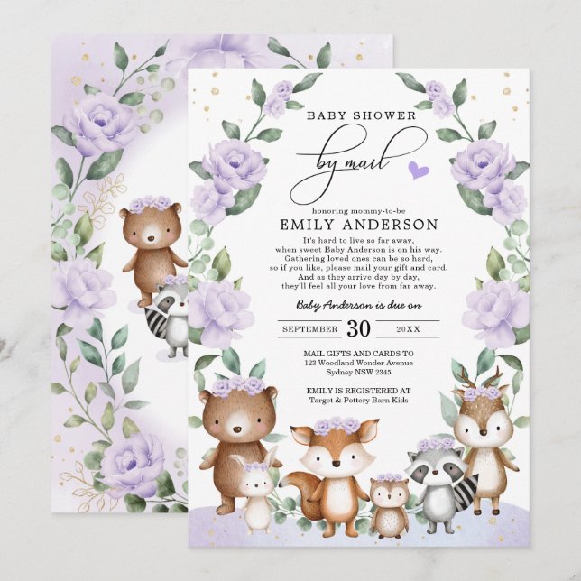 Lila Blumenwaldlandtiere Kinderdusche Einladung (Vorne/Hinten)