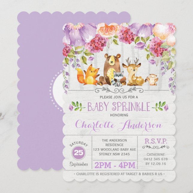 Lila Blumenwaldwald Kindersprinkle laden ein Einladung (Vorne/Hinten)