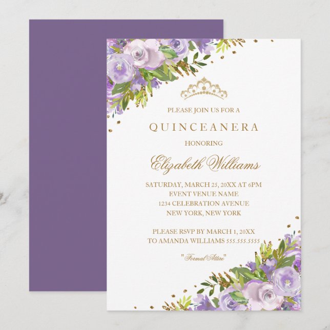 Lila Blumenwasser Gold Quinceanera Einladung (Vorne/Hinten)