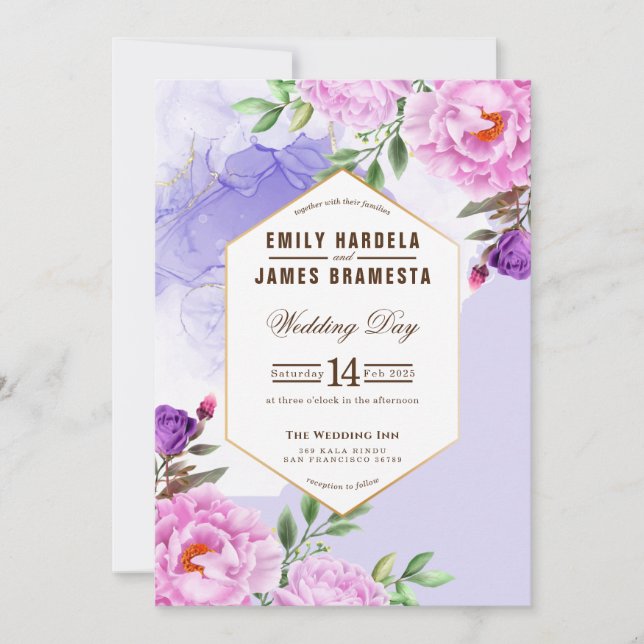 Lila Blumenwasserfarbe Gerahmte Hochzeit Einladung (Vorderseite)
