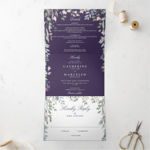 Lila Blumenwiese-Monogramm-Foto-Hochzeit Dreifach Gefaltete Einladung