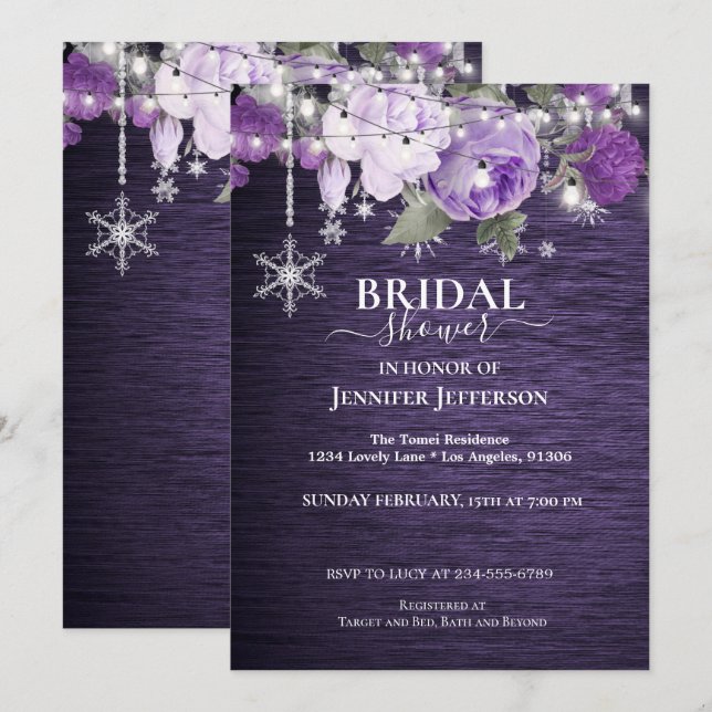 Lila Blumenwinterdusche Einladung (Vorne/Hinten)