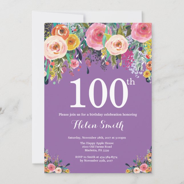 Lila Blumenzauber zum 100. Geburtstag Einladung (Vorderseite)