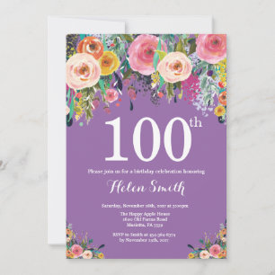 Lila Blumenzauber zum 100. Geburtstag Einladung