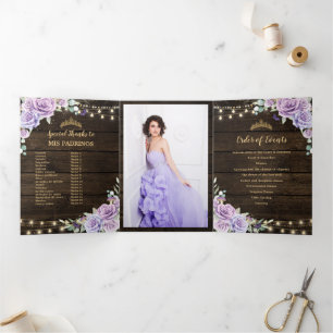 Lila Blumenzauberwald Quinceañera-Programm Dreifach Gefaltete Einladung