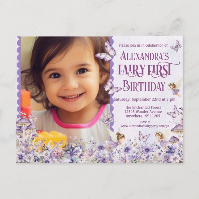 Lila Blumenzucht Erstes Foto Geburtstag Einladungspostkarte (Vorderseite)