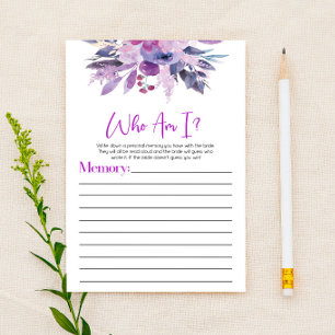 Lila Blumige Blumen Wer bin ich Brautparty-Spiel Briefpapier