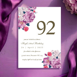 Lila Blumige Botanische Einfache Chic 92. Geburtst Einladung