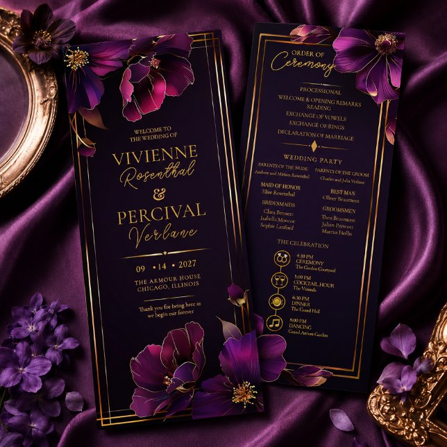 Lila Blumige Hochzeitsprogramme mit leuchtenden Ve Programm (Elegant Luminous Violets Wedding Program)
