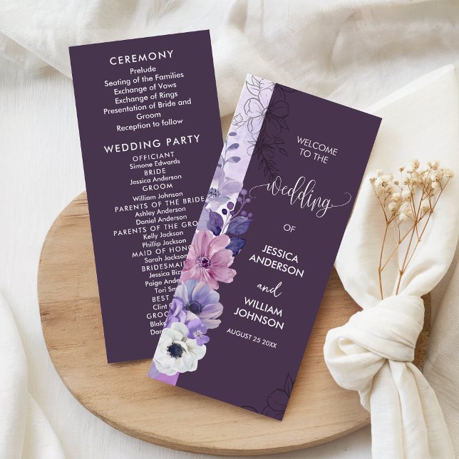 Lila Blumige Hochzeitsprogrammkarte (Von Creator hochgeladen)