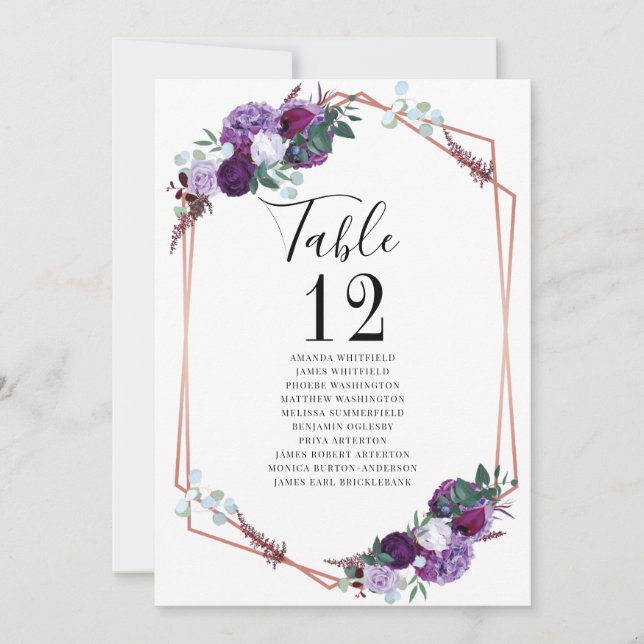 Lila Blumige Hochzeitstisch-Nummern Sitzordnung (Vorderseite)