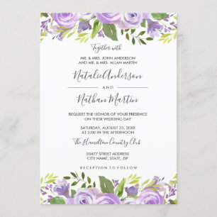 Lila Blumige Rose Aquarell Hochzeits-Einladung Einladung
