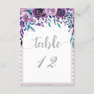 Lila Blumige & Silberne Hochzeitstischnummern Einladung