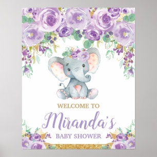 Lila Blumiger Elefant Baby Shower Begrüßung Poster