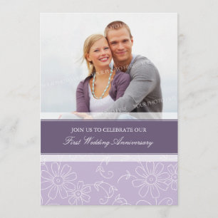 Lila Blumiges Foto zum 1. Hochzeitstag Einladung
